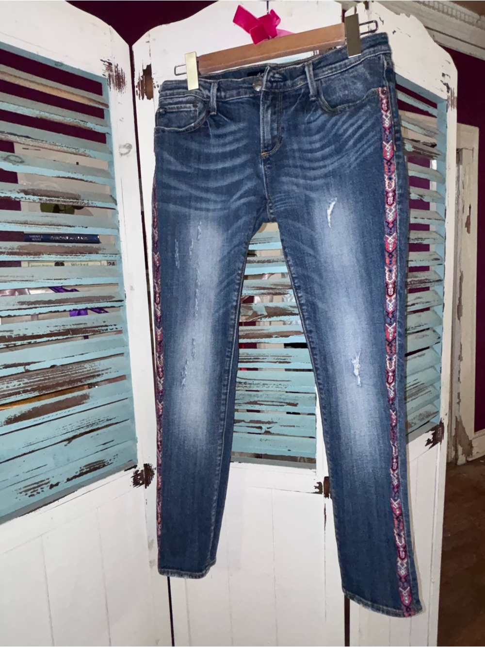 DRIFTWOOD Blue Boho Skinny Jeans with Embroidered Patterned Side stripe